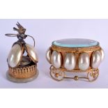 A 19TH CENTURY FRENCH PALAIS ROYALE MOTHER OF PEARL BOX together with matching bell. Largest 15 cm w