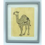 Framed Islamic Calligraphy painting of a camel 24 x 19cm.