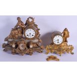 TWO 19TH CENTURY FRENCH GILT METAL MANTEL CLOCKS. Largest 30 cm x 28 cm.