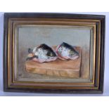 European School (C1900) Oil on canvas, pair of trout. Image 36 cm x 24 cm.