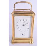 A 19TH CENTURY FRENCH GRAND SONNERIE REPEATING CARRIAGE CLOCK with white enamel dial. 17 cm high inc