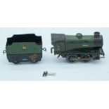 A Hornby wind up Tin plate model train and carriage 13cm . (2)