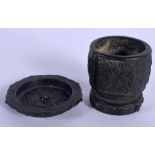 A CHINESE MING DYNASTY BRONZE CENSER together with a similar dish. Largest 6 cm x 4 cm. (2)