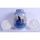 A LARGE ROYAL COPENHAGEN PORCELAIN JAR AND COVER together with a pair of bisque porcelain plaques. L