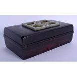 AN EARLY 20TH CENTURY CHINESE HARDWOOD AND JADE BOX & COVER Qing. 22 cm x 12 cm.