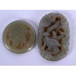 TWO EARLY 20TH CENTURY CHINESE CARVED JADE PLAQUES Late Qing. 5 cm diameter. (2)