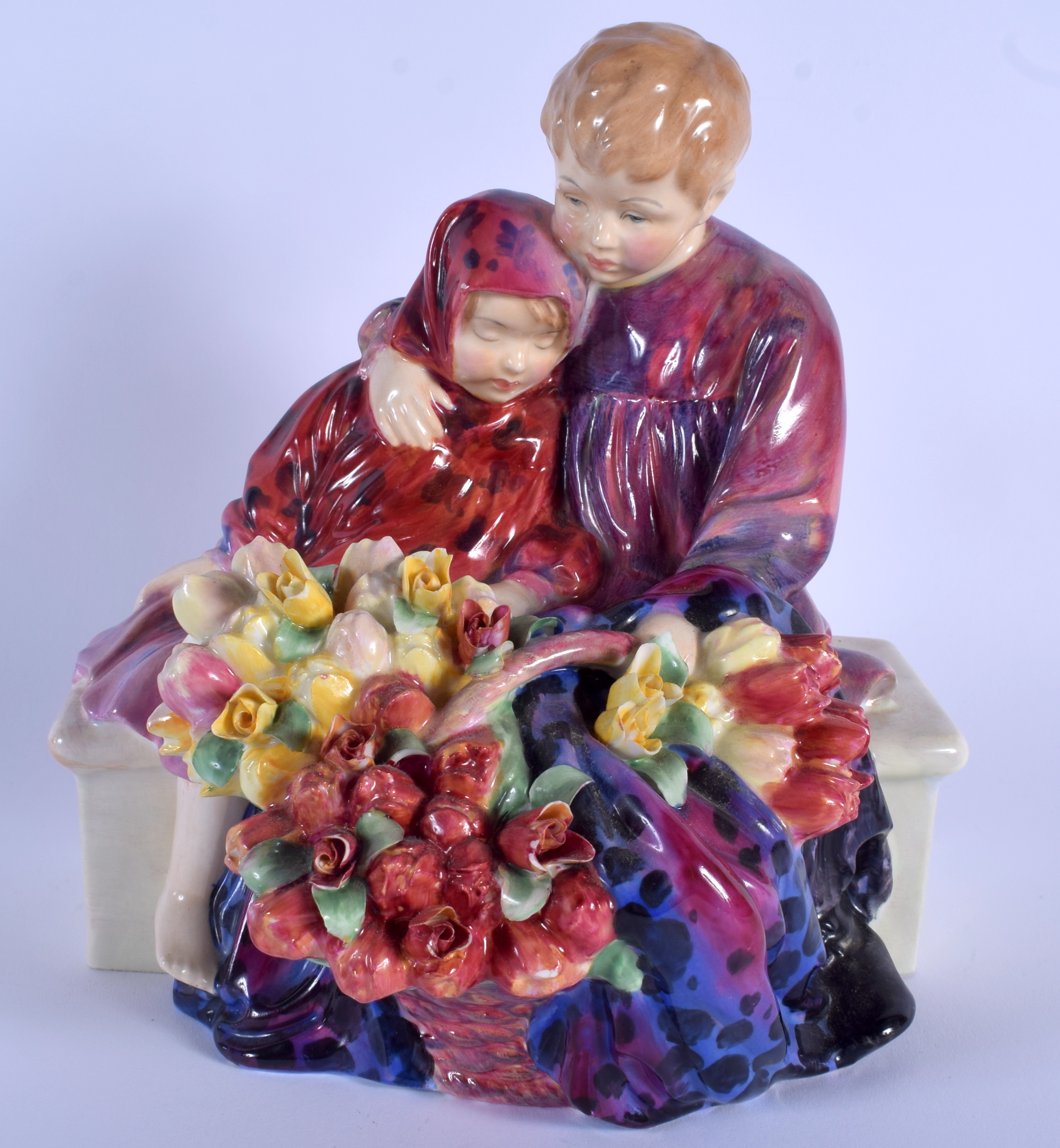 A RARE LARGE ROYAL DOULTON FIGURE OF THE FLOWER SELLERS CHILDREN HN 1342. 24 cm x 16 cm.