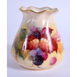 A ROYAL WORCESTER PIE CRUST RIM VASE painted with autumnal leaves and blackberries signed by Kitty B
