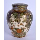 A LOVELY 19TH CENTURY JAPANESE MEIJI PERIOD SATSUMA TEA JAR AND COVER painted with butterflies and f