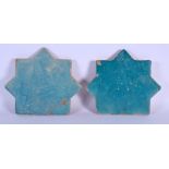 TWO 12TH/13TH CENTURY PERSIAN KASHAN TURQUOISE GLAZED POTTERY TILES. 28 cm x 22 cm. (2)