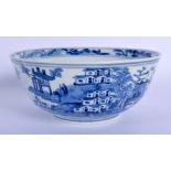 A 19TH CENTURY CHINESE BLUE AND WHITE PORCELAIN BOWL bearing Kangxi marks to base, painted with land