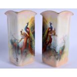 Royal Worcester tall pair of vase of square section painted with peacocks by Albert Shuck, signed,