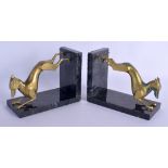 A PAIR OF ART DECO BRONZE AND MARBLE DOG BOOK ENDS. 18 cm x 15 cm.