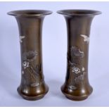 A LOVELY PAIR OF 19TH CENTURY JAPANESE MEIJI PERIOD BRONZE VASES decorated in silver and gold with b