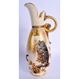 Late 19th c. Royal Worcester ewer painted with an owl standing on tree limb and a crow flying in the