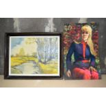 A large framed Oil on canvas of a rural scene and another of a female possibly Russian 82 x 52cm (2)