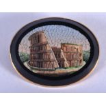 AN EARLY 19TH CENTURY ITALIAN MICRO MOSAIC GOLD MOUNTED PLAQUE decorated with the colosseum 3.5 cm x
