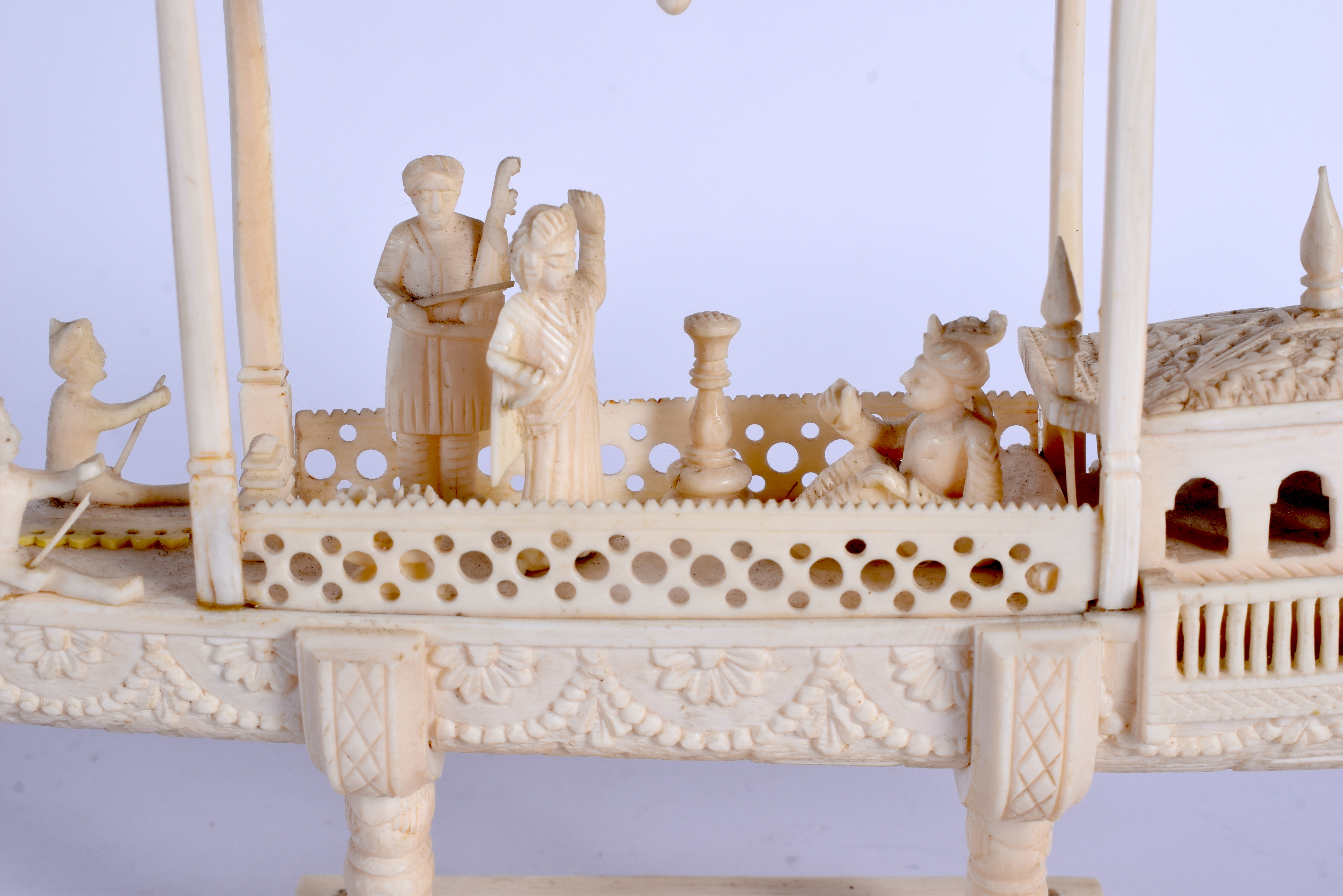 A 19TH CENTURY ANGLO INDIAN CARVED IVORY PROCESSIONAL BOAT decorated with figures and foliage. 45 cm - Image 4 of 6