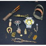 Collection of vintage metal items, hair curlers, riding equipment , car badges etc Qty.