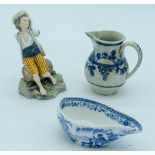 An early 19th C porcelain invalid feeding bowl, a sparrow beak jug and a figure 12cm (3).