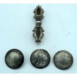 A collection of white metal Chinese buttons and another decorative Tibetan piece 9cm (4)
