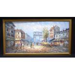 A large framed oil on canvas by Burnett of a town square. 60 x 120cm.