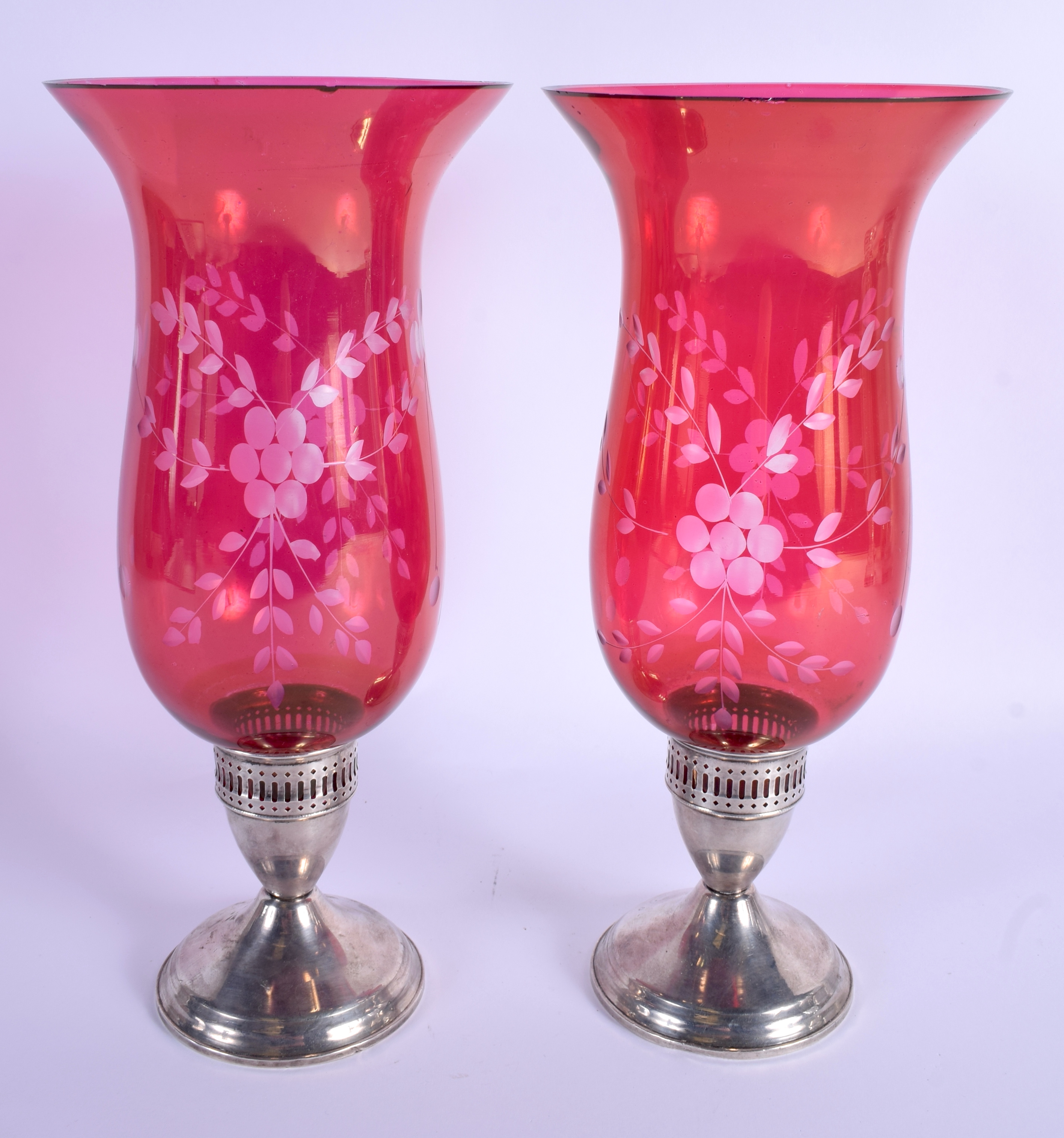A PAIR OF VINTAGE SILVER MOUNTED CRANBERRY GLASS VASES. 30 cm high - Image 2 of 3