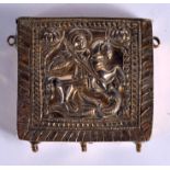 A 19TH CENTURY CONTINENTAL YELLOW METAL SAINT ICON BOX. 61 grams. 5.5 cm square