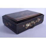 AN EARLY 20TH CENTURY CHINESE BLACK LACQUER BOX AND COVER with unusual bat locking plate, decorated