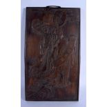 A 19TH CENTURY CHINESE CARVED HARDWOOD HANGING PANEL Late Qing, depicting two immortals in various p