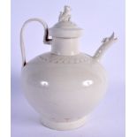 AN EARLY 20TH CENTURY CHINESE DING WHITE GLAZED BULBOUS EWER Late Qing/Republic, with animal finial.