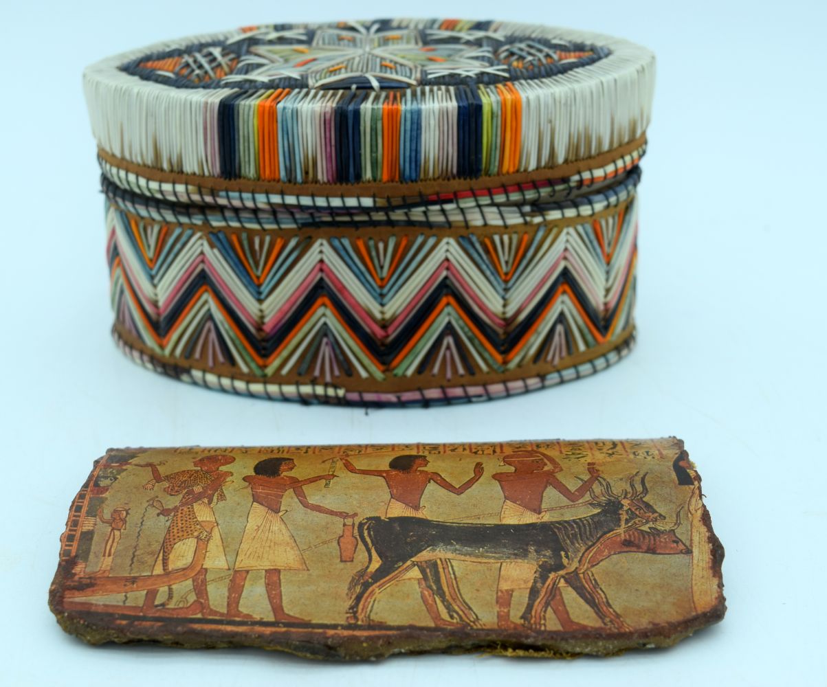 A small Egyptian terracotta painted plaque together with an American Quill decorated box 14 x 18 cm