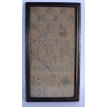 AN EARLY 19TH CENTURY ENGLISH EMBROIDERED SAMPLER decorated with alphabets. Image 40 cm x 22 cm.