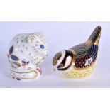 Royal Crown Derby imari paperweight Derby Dormouse and Crested Blue Tit. Mouse 6.5cm high, Bird 7cm