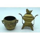 A Chinese bronze carp lidded censer together with a bronze planter. 17 x 16cm (3).