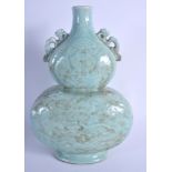 A LARGE CHINESE BLUE GLAZED TWIN HANDLED PORCELAIN DOUBLE GOURD VASE 20th Century. 33 cm x 15 cm.