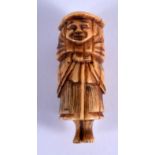 A 19TH CENTURY JAPANESE MEIJI PERIOD CARVED BONE NETSUKE modelled as a male in a hat. 4.5 cm x 2 cm