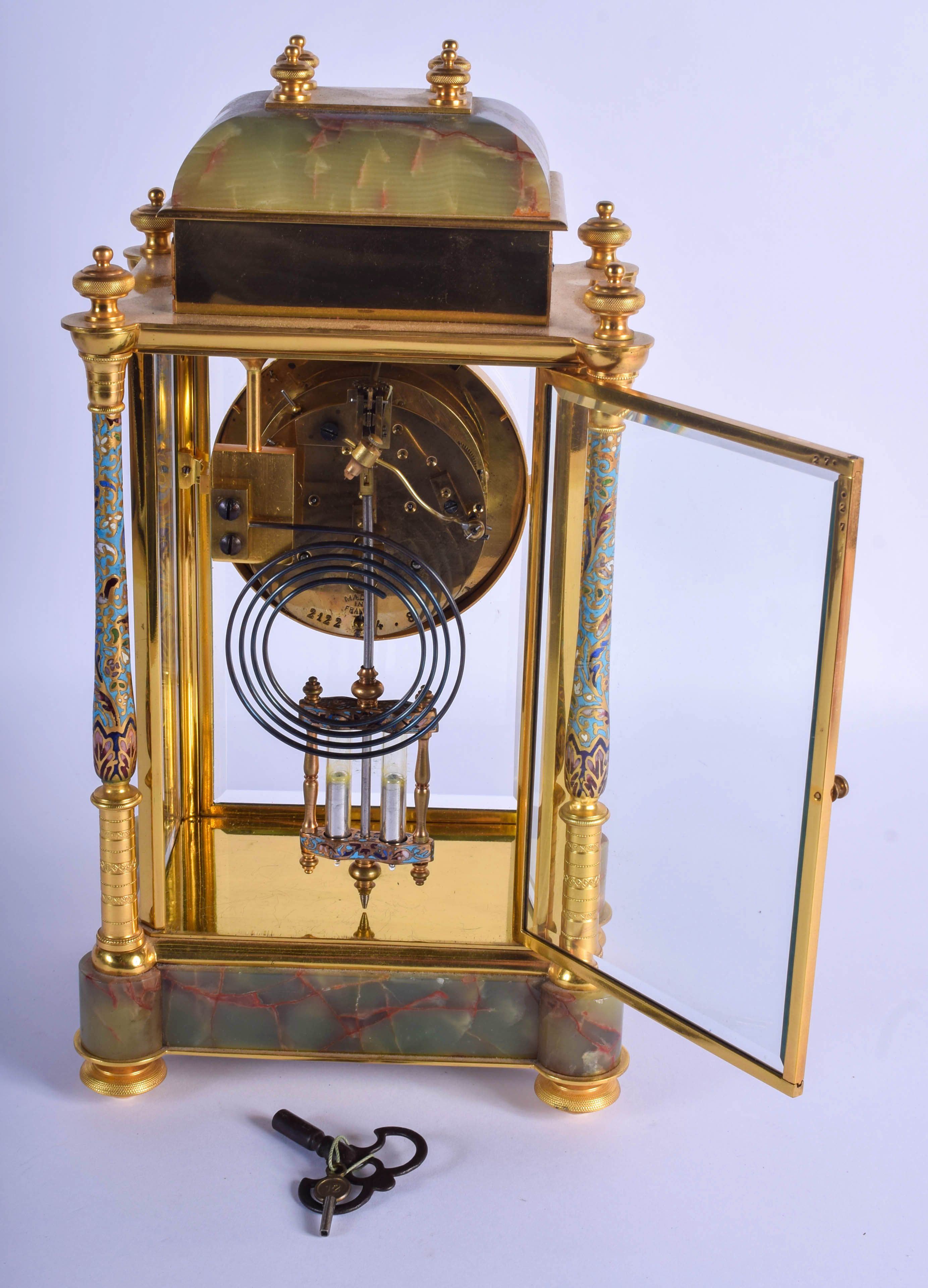 A 19TH CENTURY FRENCH CHAMPLEVE ENAMEL AND ONYX REGULATOR MANTEL CLOCK decorated with foliage. 35 cm - Image 4 of 4