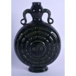 A RARE 19TH CENTURY CHINESE OLIVE GREEN TWIN HANDLED PILGRIM FLASK Qing, decorated with buddhistic t