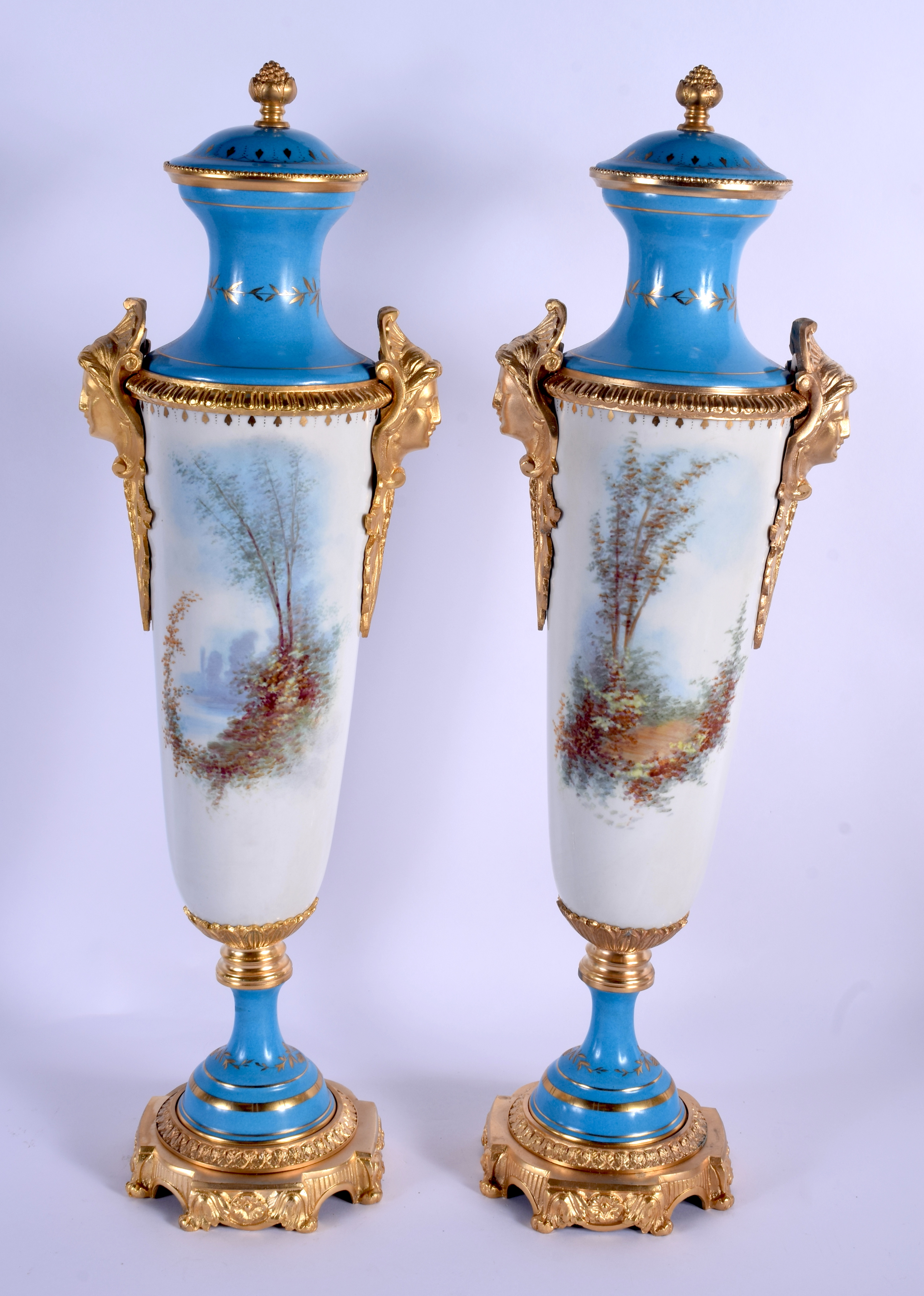 A LARGE PAIR OF CONTINENTAL SEVRES STYLE PORCELAIN VASES AND COVERS painted with figures within land - Image 3 of 5