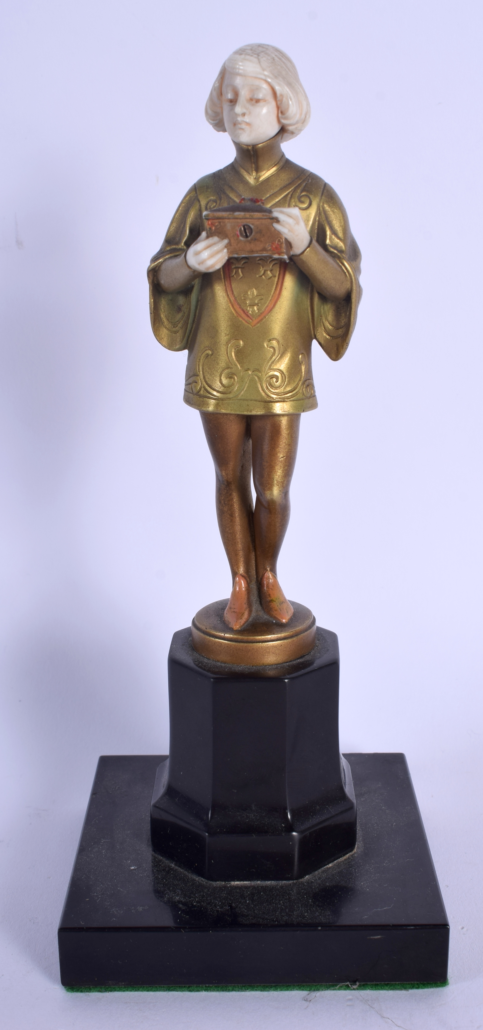 Ferdinand Preiss (1882-1943) German, Cold painted bronze and ivory, Boy and casket. Bronze 13 cm hig