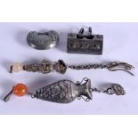 FOUR EARLY 20TH CENTURY CHINESE SILVER AND AGATE PENDANTS. 96 grams. 16 cm x 3 cm. (4)