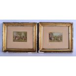 A PAIR OF 19TH CENTURY FRAMED ENGLISH COLOURED ENGRAVINGS Figures within a landscape. Image 7 cm x 5