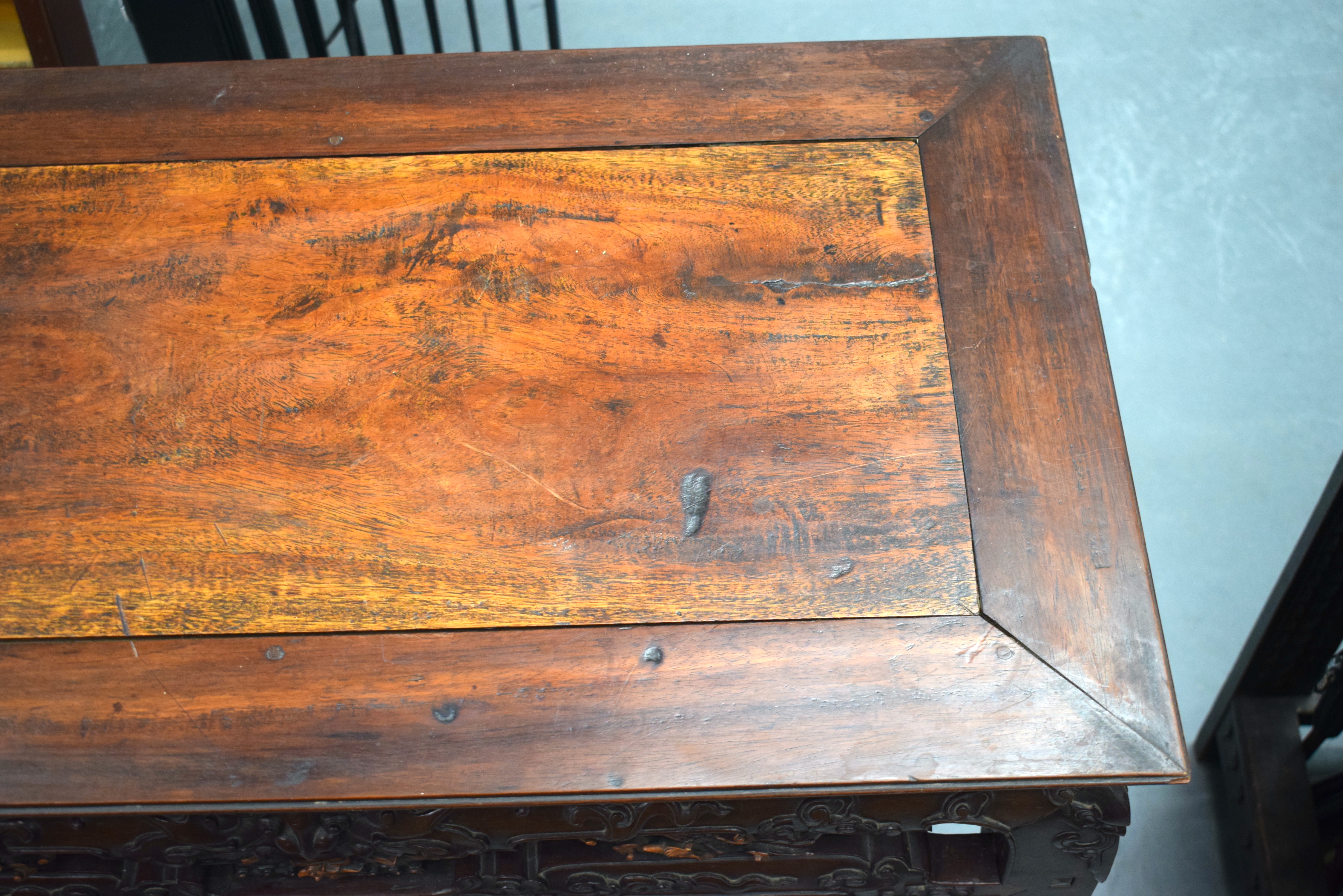 A FINE 19TH CENTURY CHINESE CARVED HONGMU HARDWOOD TABLE Qing, carved with mask heads and extensive - Image 5 of 8