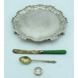 A silver salver together with a small silver pot and two plated items .Silver 220g (4).