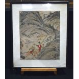 A large framed Chinese watercolour depicting horse riders in a landscape. 58 x 47cm.