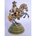 A 1950S EUROPEAN SILVERED BRONZE FIGURE OF A CAVALIER modelled upon an onyx base. 21.5 cm high.