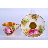 Royal Worcester demi tasse cup and saucer painted with roses by Ethel Spilsbury and Mille Hunt, sign