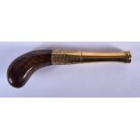 AN UNUSUAL ANTIQUE HARPER CLASSIC WOOD BUTT BRONZE PISTOL. 14 cm long.