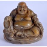 AN EARLY 20TH CENTURY CHINESE CARVED SOAPSTONE FIGURE OF A BUDDHA Late Qing/Republic. 10 cm x 10 cm.